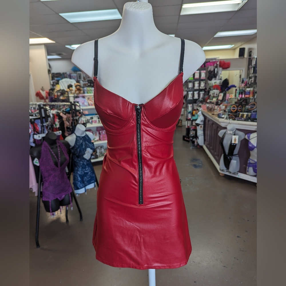 Faux leather zip front dress with molded underwire cups.